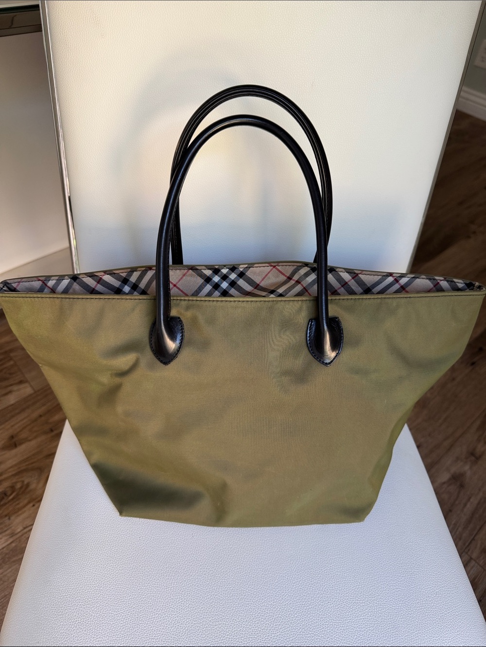 Vintage Burberrys Blue Label Olive Green Nylon Tote Bag